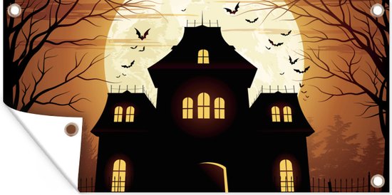 Wanddecoratie buiten Een griezelig en alleenstaand huis tijdens Halloween in een illustratie - 160x80 cm - Tuindoek - Buitenposter