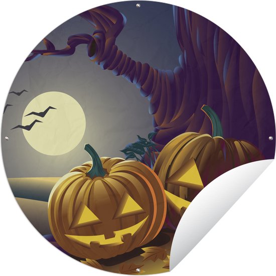 Tuincirkel Twee pompoenen tijdens een Halloween avond in een illustratie - 60x60 cm - Ronde Tuinposter - Buiten