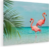 Artaza Glasschilderij - Twee Flamingo's in het Water - 75x60 - Plexiglas Schilderij - Foto op Glas