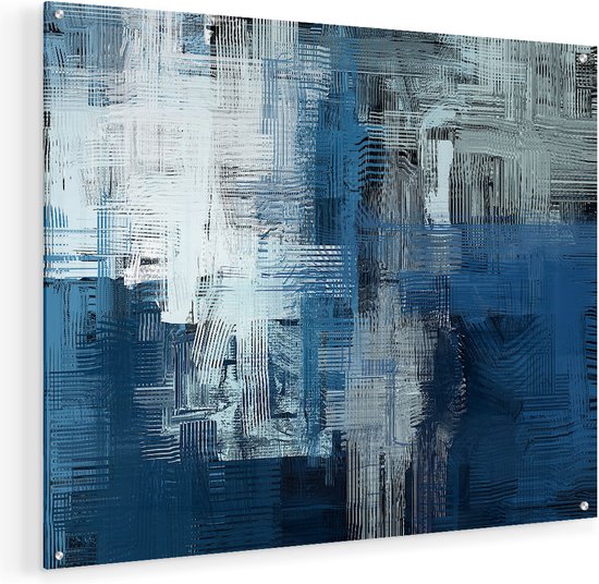 Artaza Glasschilderij - Abstracte Kunst - Blauw Witte Penseelstreken - Plexiglas Schilderij - Foto op Glas