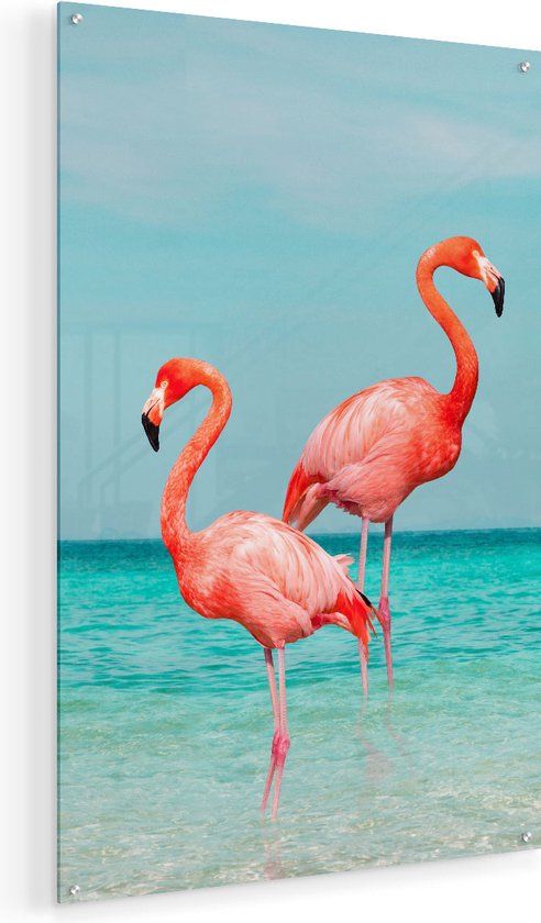 Artaza Glasschilderij - Twee Flamingo's in het Water - 60x90 - Plexiglas Schilderij - Foto op Glas