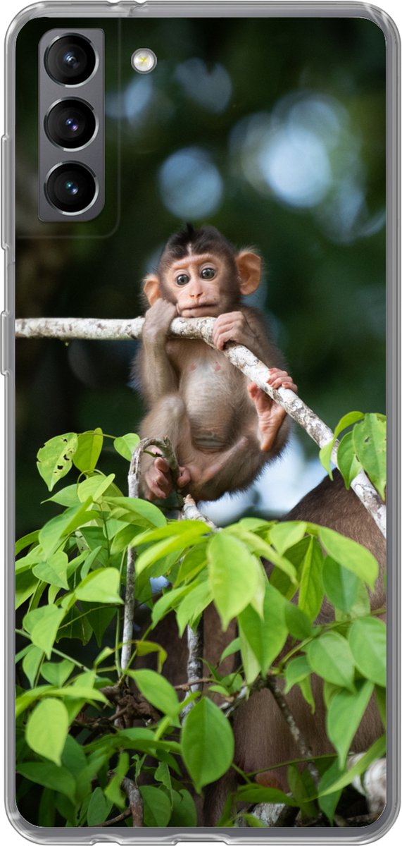 Telefoonhoesje Geschikt voor Samsung Galaxy S21 Plus hoesje - Baby - Aap - Takken - Siliconen Telefoonhoesje Telefoonhoesje