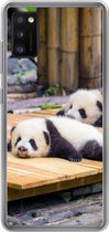 Geschikt voor Samsung Galaxy A41 hoesje - Panda's - Vloer - Hout - Siliconen Telefoonhoesje