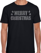 Glitter kerst t-shirt zwart Merry Christmas glitter steentjes/ rhinestones   voor heren - Glitter kerst shirt/ outfit S