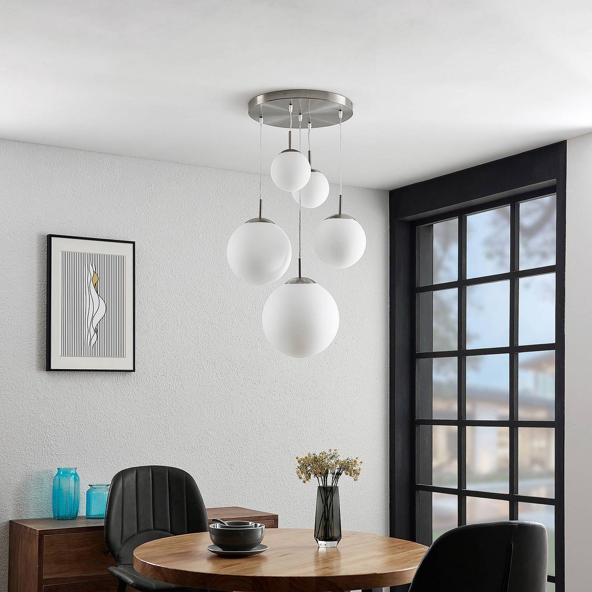 Lindby - hanglamp - 5 lichts - metaal, glas - E27 - mat nikkel, opaal wit