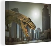 Canvas schilderij 160x120 cm - Wanddecoratie Dinosaurus - Stad - Kop - Muurdecoratie woonkamer - Slaapkamer decoratie - Kamer accessoires - Schilderijen