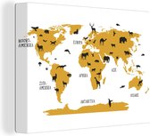 Canvas Wereldkaart - 80x60 - Wanddecoratie Wereldkaart kinderen - Dieren - Bruin
