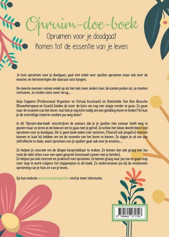 Achterkant van het "Opruim-doe-boek" met tekst en een bloem.