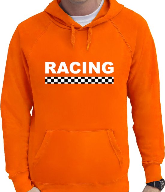 Racing supporter / race fan hoodie oranje voor heren - Racing met finish vlag - race supporter - hooded sweater / outfit / trui met capuchon XXL