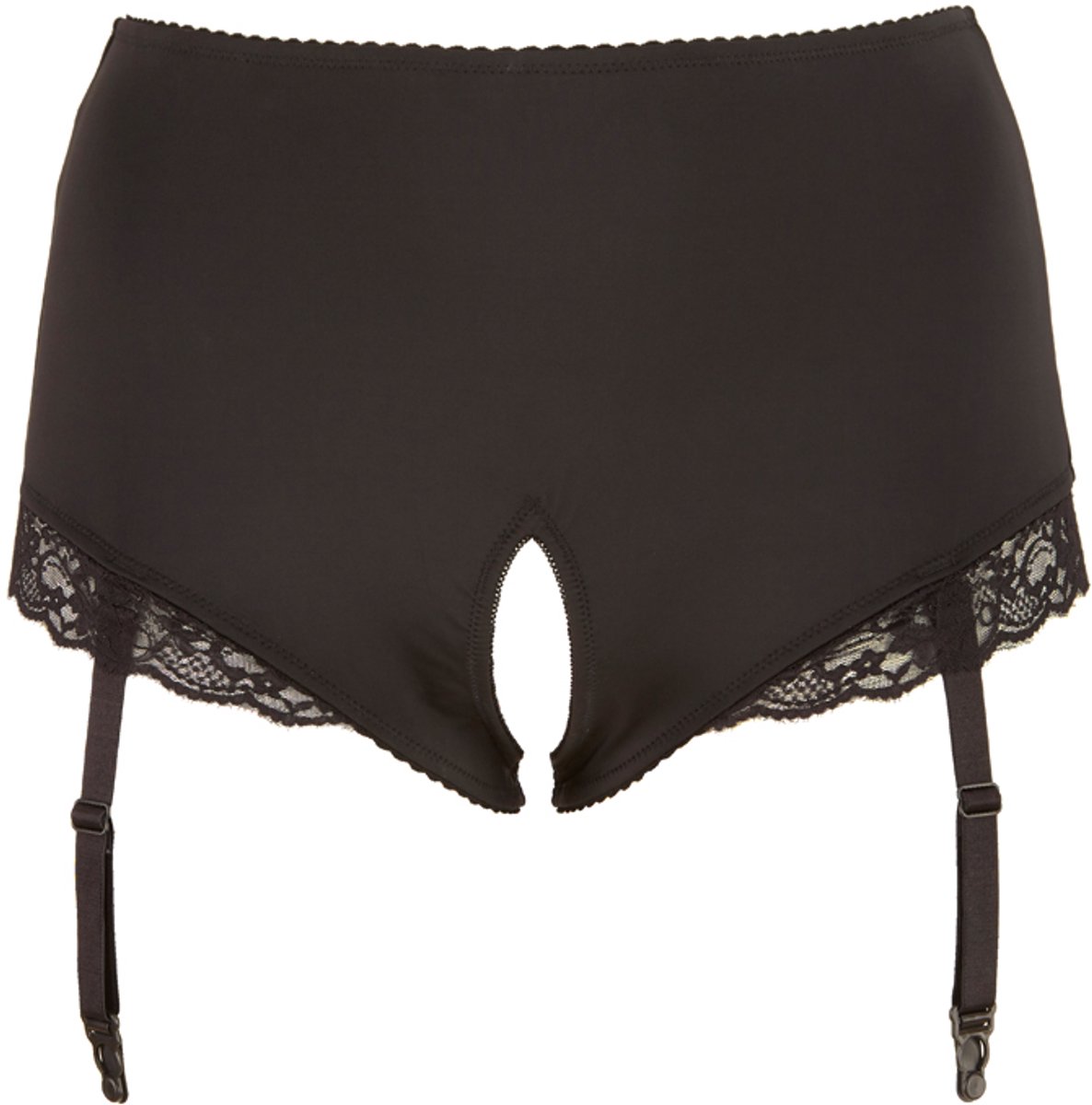 Cottelli Plus Size – Hoge Jarretel Slip met Open Kruis en Kanten Rand Sexy en Uitdagend – Maat 4XL - Zwart