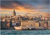 Zicht op een veerboot en de Galatatoren in Istanbul - Foto op Forex - 80 x 60 cm
