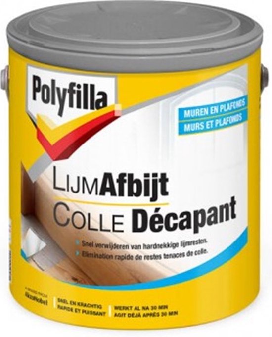 Gele blik met grijze deksel. Polyfilla Lijm afbijt. Muren en plafonds.
