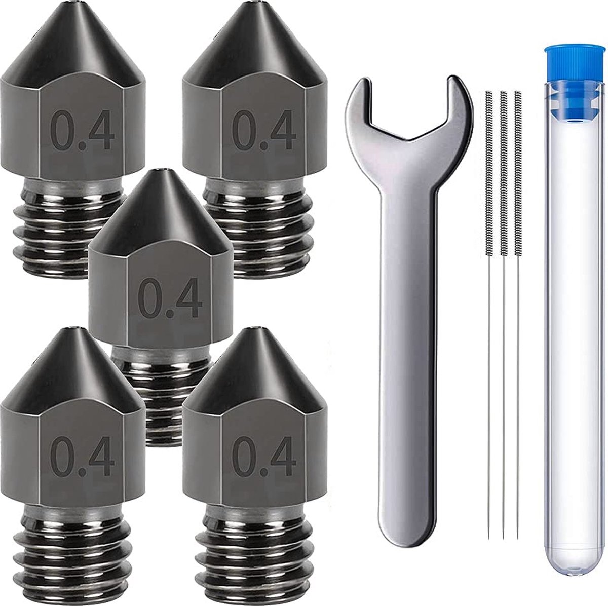 MMOBIEL 5x 0.4mm gehard staal MK8 3D printer Nozzles voor o.a. Creality Ender 3/6-serie