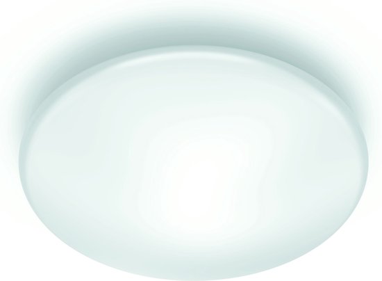 Wit, rond Philips LED plafondlamp met bewegingssensor, geïsoleerd op witte achtergrond.