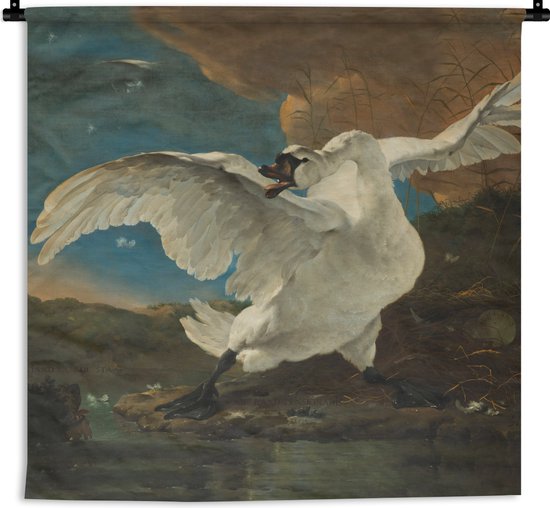 Wandkleed - Wanddoek - De bedreigde zwaan - Schilderij van Jan Asselijn - 90x90 cm - Wandtapijt