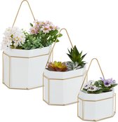 Relaxdays Pot de fleurs mural - lot de 3 - pot suspendu - vases muraux - pour l'intérieur - métal - blanc/or