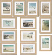bomoe Ocean Set van 12 Fotolijsten Houten Picture Frames – 12 x 13x18cm – Kunststof glas Fotolijst van Hout - Metalen Ophanging - Standaard & Passepartout - EikenHout