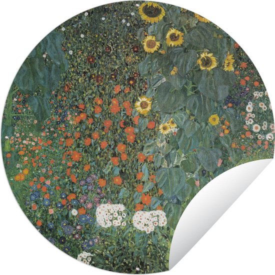 Tuincirkel Boerderijtuin met zonnebloemen - schilderij van Gustav Klimt - 90x90 cm - Ronde Tuinposter - Buiten