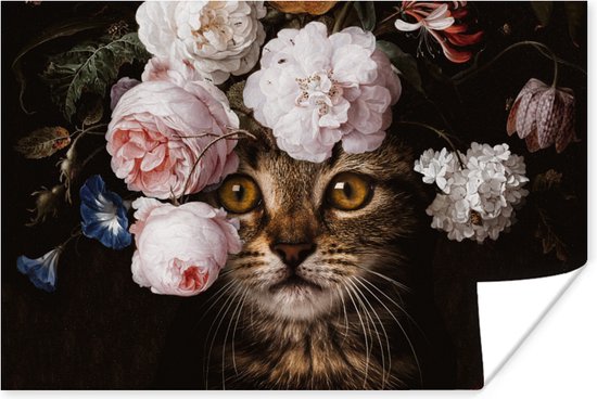 Affiche Chat - Fleurs - Art - 90x60 cm