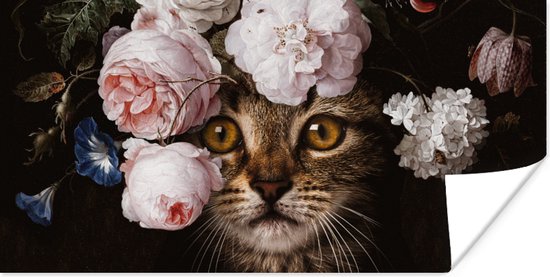 Poster Kat - Bloemen - Dieren - 120x60 cm