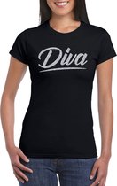 Diva t-shirt zwart met zilveren glitter tekst dames - Glitter en Glamour zilver party kleding shirt XS