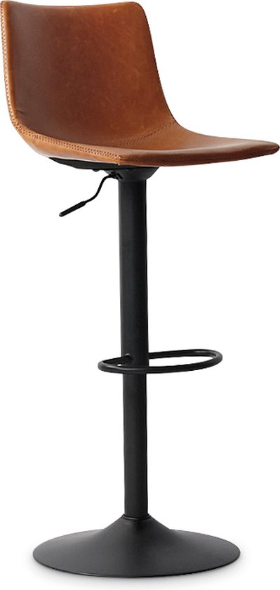 Barkruk Jeroen Cognac - Kunstleer - Set van 2 - Geschikt voor kookeiland - Met rugleuning - In hoogte verstelbaar - Zithoogte 61 - 83 cm - Zitdiepte 35 cm