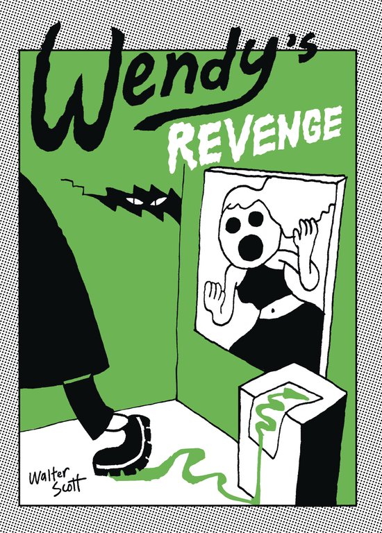 Groene cover met de titel 'Wendy's Revenge'. Een silhouet van een persoon met puntige oren kijkt naar een vrouw met een geschrokken gezicht in een spiegel.