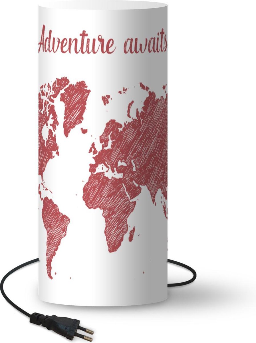 Lamp - Nachtlampje - Tafellamp slaapkamer - Wereldkaart - Rood - Wit - 70 cm hoog - Ø29.6 cm - Inclusief LED lamp