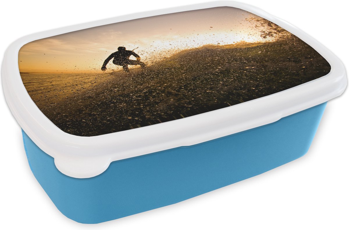 Broodtrommel Blauw - Lunchbox - Brooddoos - Surfer silhouet - 18x12x6 cm - Kinderen - Jongen