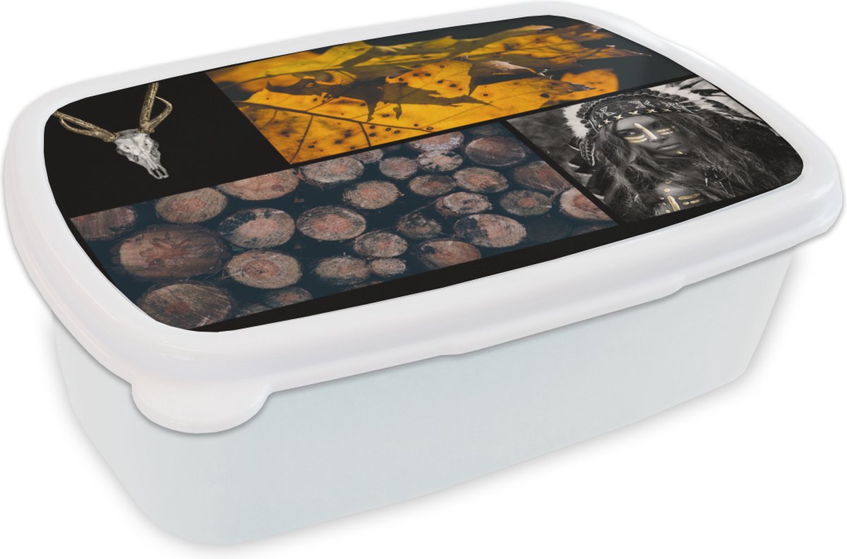 Broodtrommel Wit - Lunchbox - Brooddoos - Collage - Goud - Zwart - Verf - 18x12x6 cm - Volwassenen