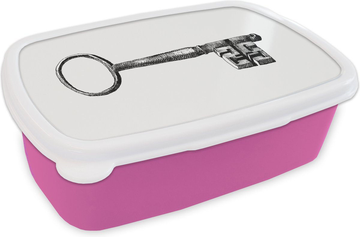 Broodtrommel Roze - Lunchbox - Brooddoos - Retro - Sleutel - Vintage - 18x12x6 cm - Kinderen - Meisje