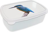 Broodtrommel Wit - Lunchbox IJsvogel - Veren - Tak - Blauw - Brooddoos 18x12x6 cm - Brood lunch box - Broodtrommels voor kinderen en volwassenen