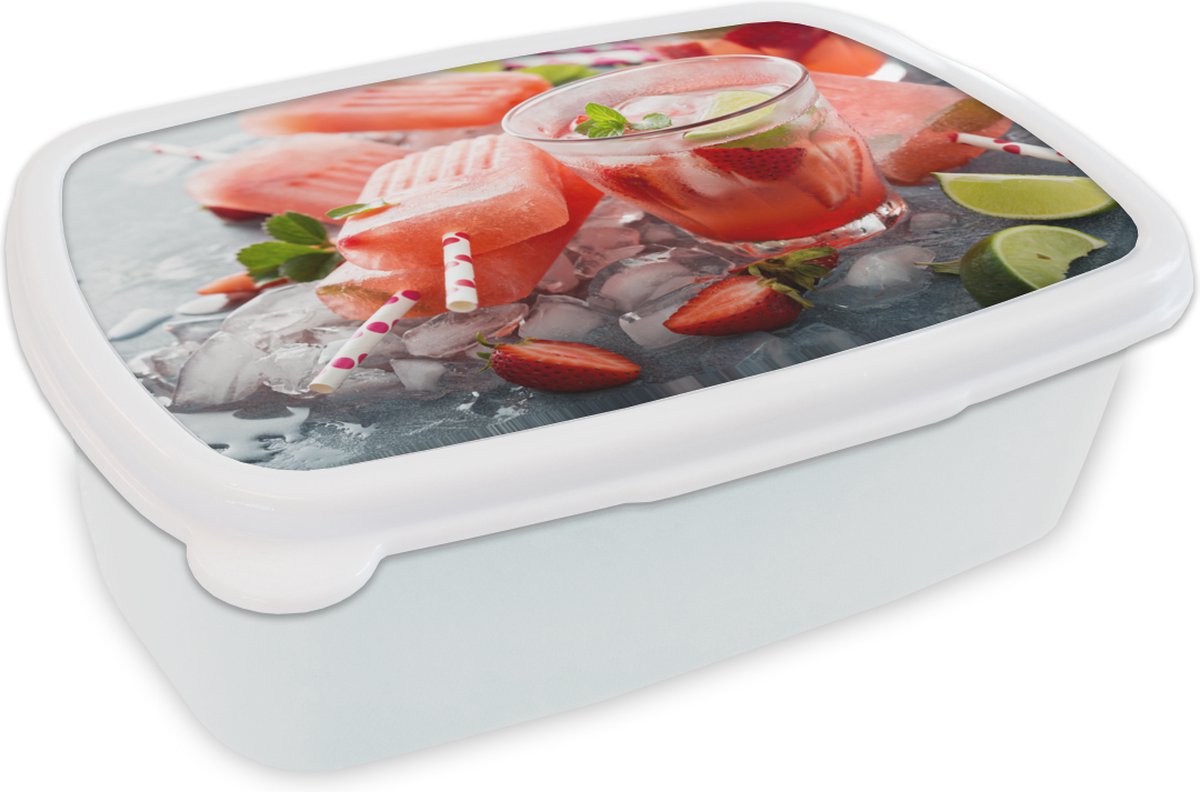 Broodtrommel Wit - Lunchbox - Brooddoos - Zalmroze ijs en drankjes - 18x12x6 cm - Volwassenen
