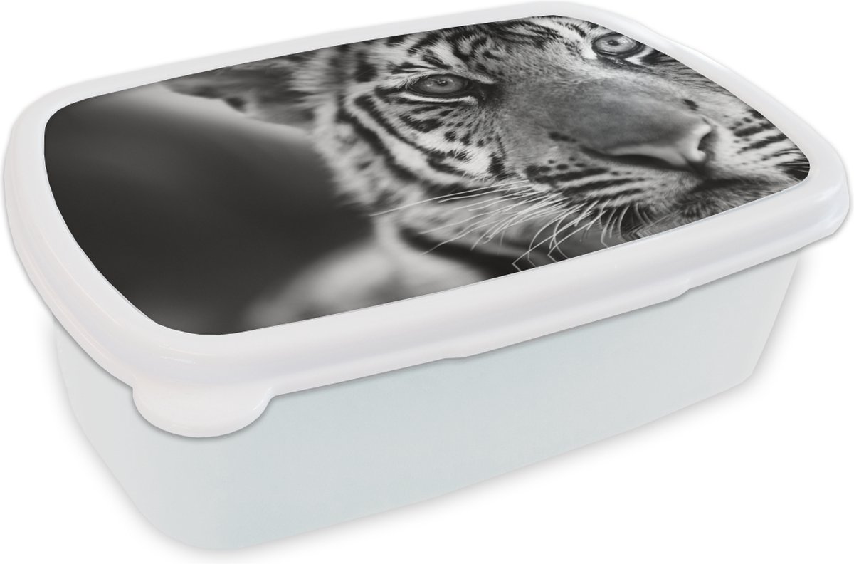 Broodtrommel Wit - Lunchbox - Brooddoos - Tijger - Welp - Zwart - Wit - 18x12x6 cm - Volwassenen