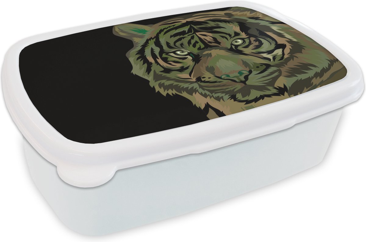 Broodtrommel Wit - Lunchbox - Brooddoos - Tijger - Zwart - Grijs - 18x12x6 cm - Volwassenen