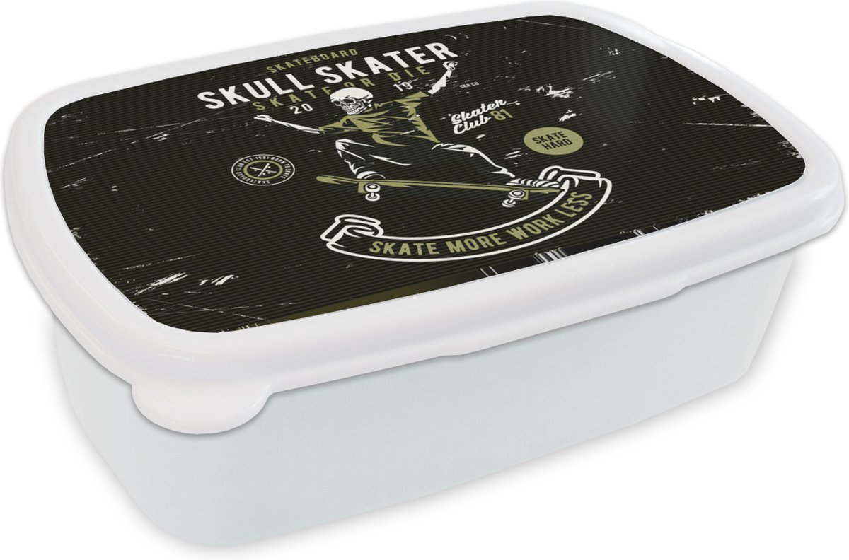 Broodtrommel Wit - Lunchbox - Brooddoos - Skelet - Skateboard - Retro - 18x12x6 cm - Volwassenen
