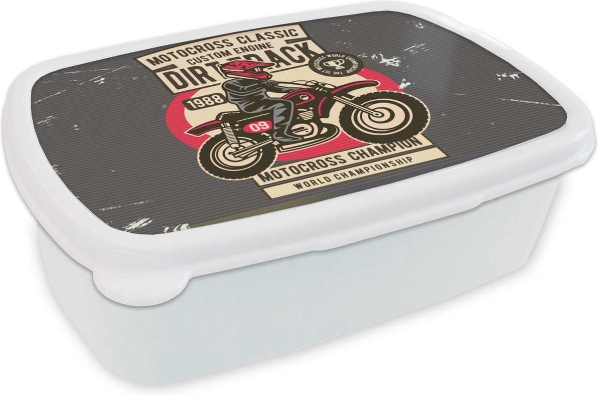 Broodtrommel Wit - Lunchbox - Brooddoos - Motor - Helm - Retro - Tekening - 18x12x6 cm - Volwassenen