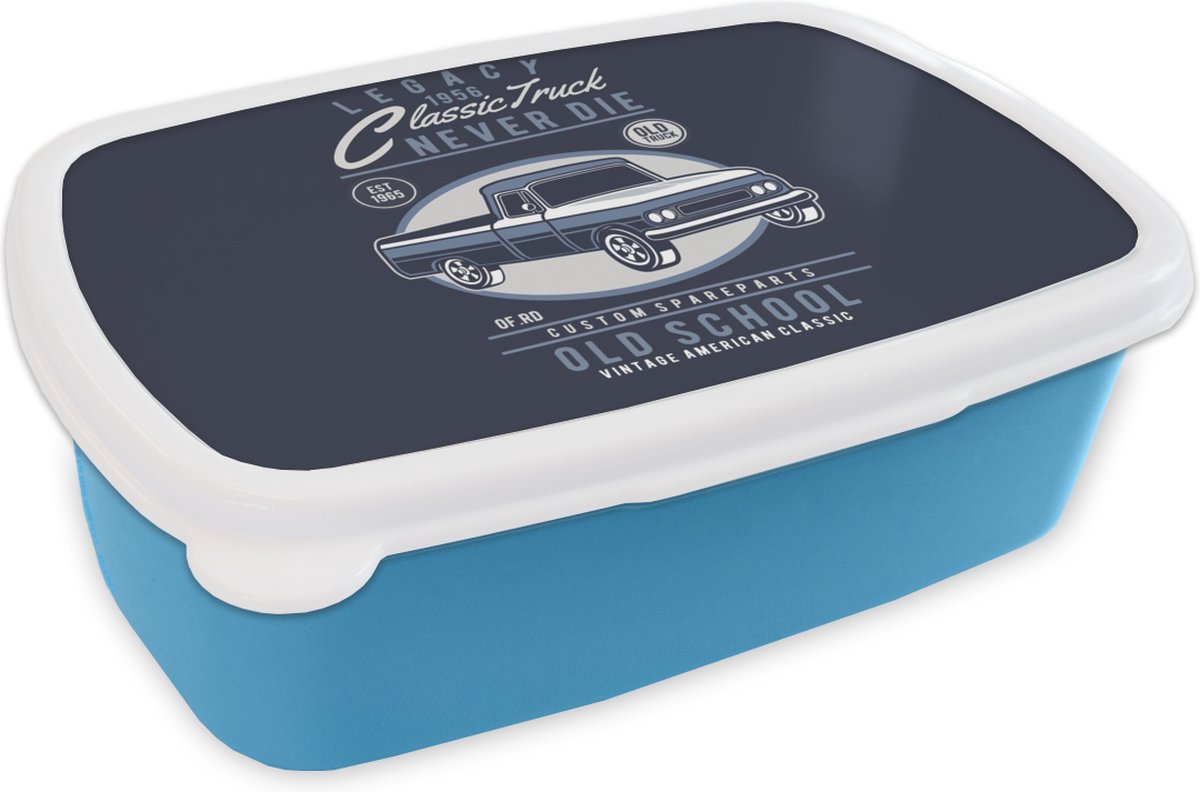 Broodtrommel Blauw - Lunchbox - Brooddoos - Auto's - Blauw - Retro - 18x12x6 cm - Kinderen - Jongen