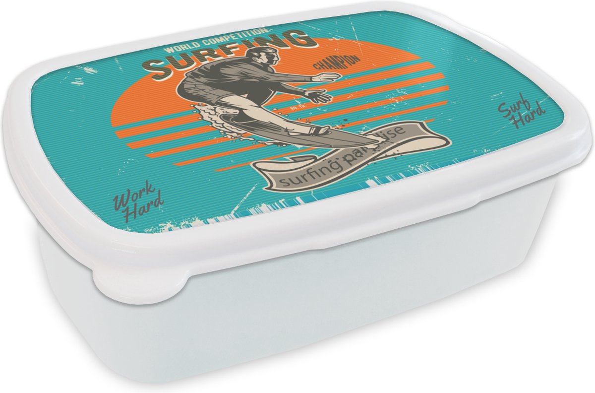 Broodtrommel Wit - Lunchbox - Brooddoos - Vintage - Surf - Surfplank - 18x12x6 cm - Volwassenen