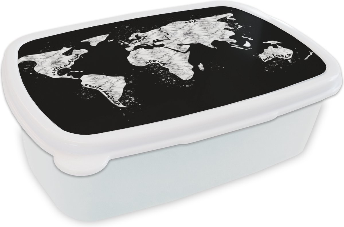Broodtrommel Wit - Lunchbox - Brooddoos - Kaart - Marmer - Zwart - Wit - 18x12x6 cm - Volwassenen