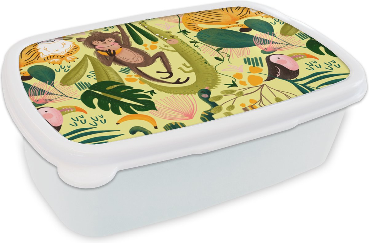 Broodtrommel Wit - Lunchbox - Brooddoos - Dieren - Jungle - Geel - 18x12x6 cm - Volwassenen
