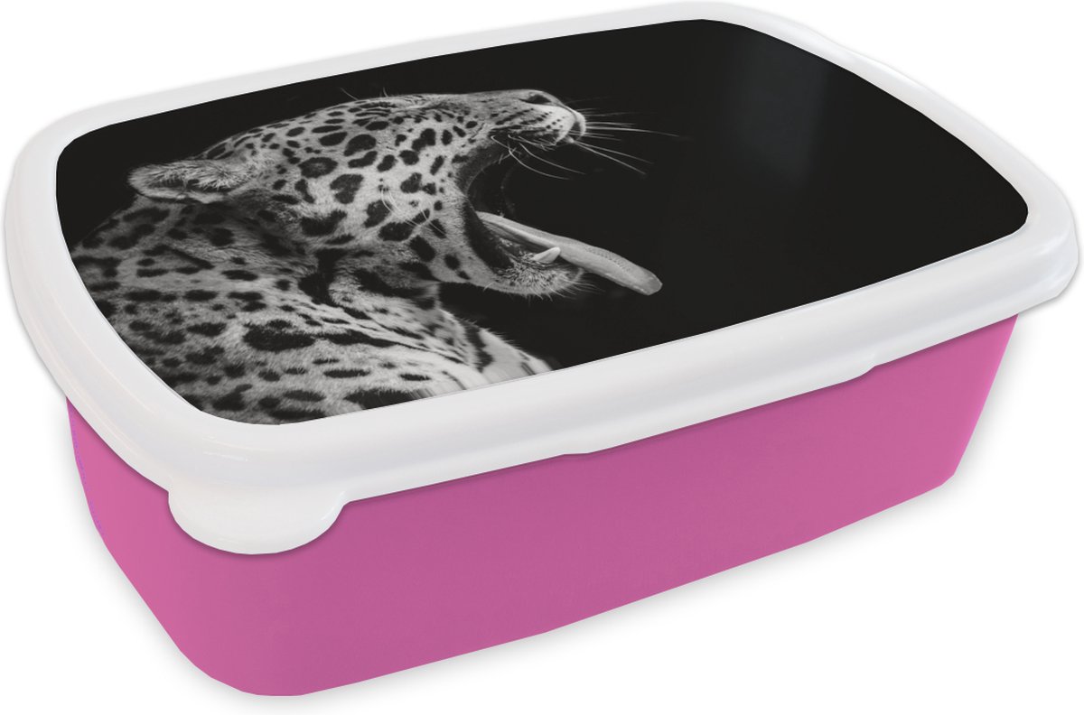 Broodtrommel Roze - Lunchbox - Brooddoos - Jaguar - Dier - Zwart - Wit - 18x12x6 cm - Kinderen - Meisje