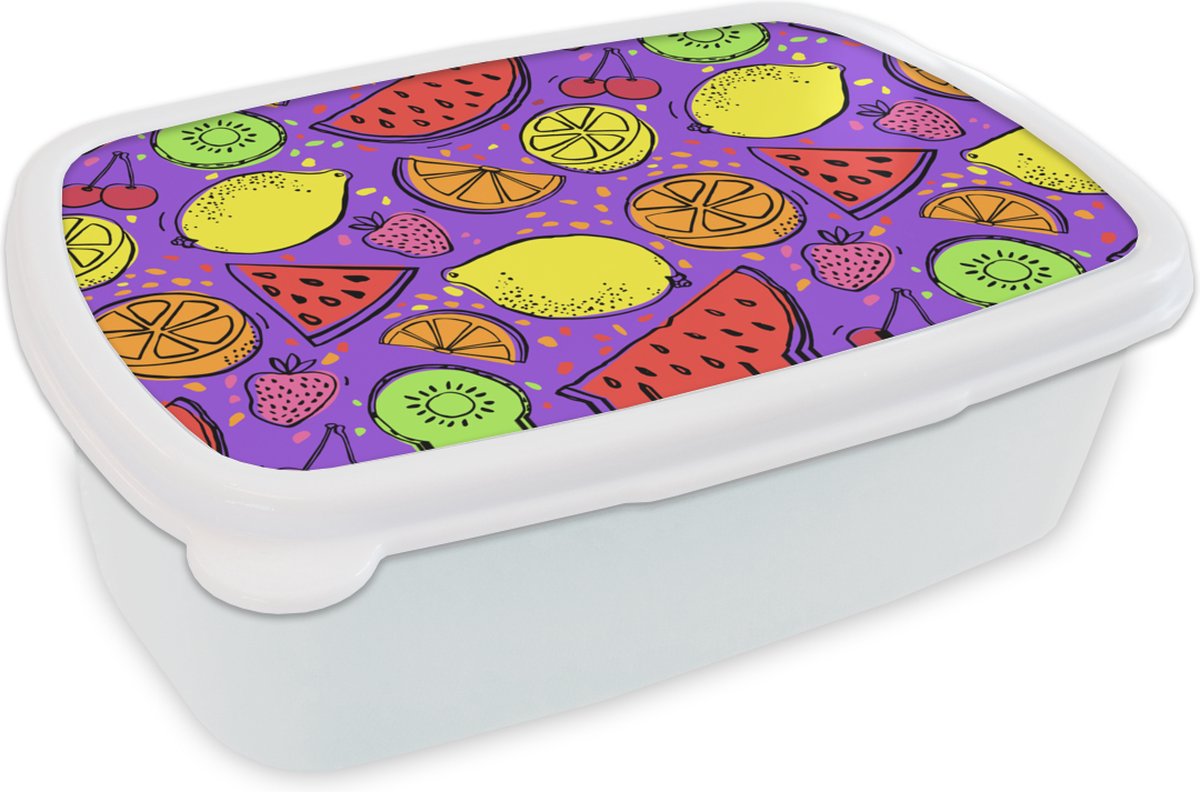 Broodtrommel Wit - Lunchbox - Brooddoos - Watermeloen - Fruit - Paars - 18x12x6 cm - Volwassenen