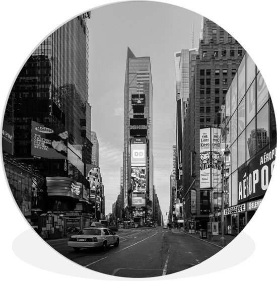 WallCircle - Wandcirkel ⌀ 90 - Weergave taxi op Time Square in zwart-wit - Ronde schilderijen woonkamer - Wandbord rond - Muurdecoratie cirkel - Kamer decoratie binnen - Wanddecoratie muurcirkel - Woonaccessoires