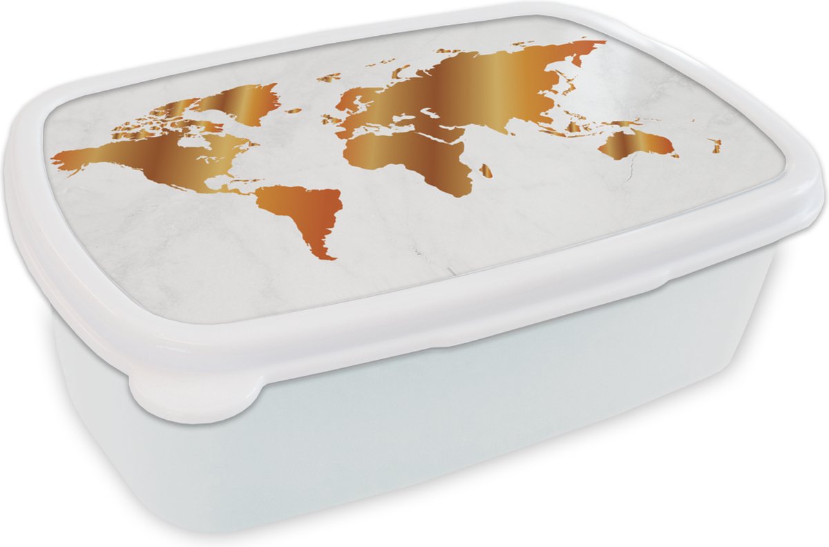 Broodtrommel Wit - Lunchbox - Brooddoos - Wereldkaart - Marmer - Goud - 18x12x6 cm - Volwassenen