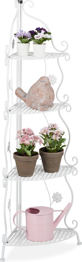 Relaxdays plantenrek hoek - 4 etages - metalen bloemenrek - inklapbare plantentrap buiten - wit