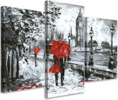 Trend24 - Canvas Schilderij - Wandeling In Londen - Drieluik - Mensen - 150x100x2 cm - Rood