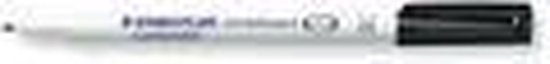 Een witte whiteboardstift met een zwarte dop en het merk "STAEDTLER Lumocolor" erop.