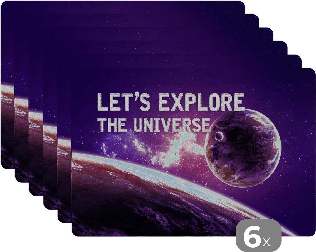 Placemat kinderen - Placemat - Placemats kunststof - Quotes - 'Let's explore the universe' - Spreuken - Jongens - Kids - Kinderen - 45x30 cm - 6 stuks - Hittebestendig - Anti-Slip - Onderlegger - Afneembaar