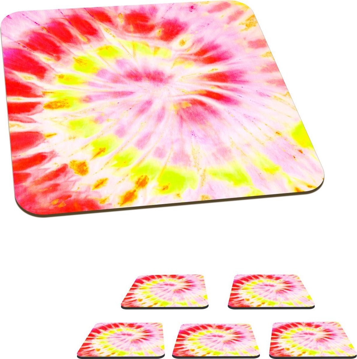Onderzetters voor glazen - Tie dye - Rood - Geel - 10x10 cm - Glasonderzetters - 6 stuks